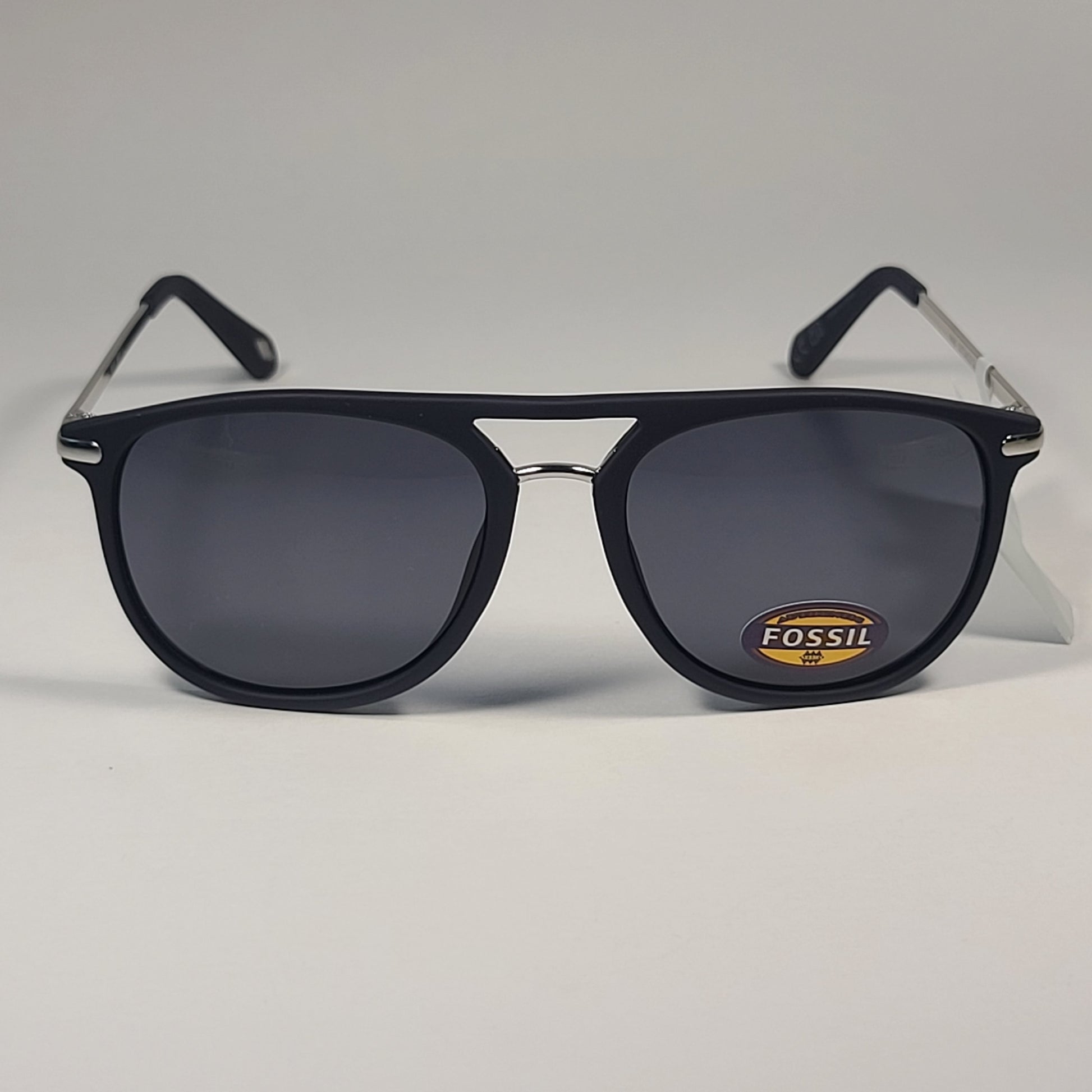Fossil FM141 Pilot Style Sunglasses Matte Black Silver Frame Solid Gray Lens - Sunglasses