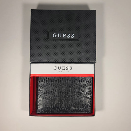 Guess Los Angeles Men’s Bifold Embossed G Cube Logo Leather Wallet Black Passcase 31GO220111 - Wallets
