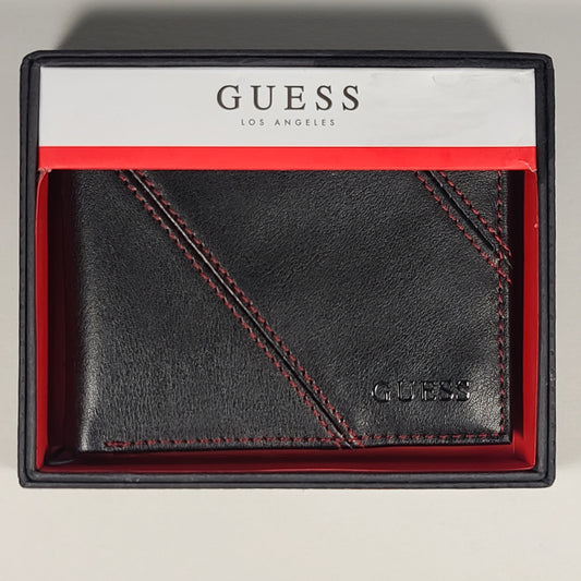 Guess Los Angeles Men’s Bifold Wallet Faux Black Red Stitching 31GO220103 - Wallets