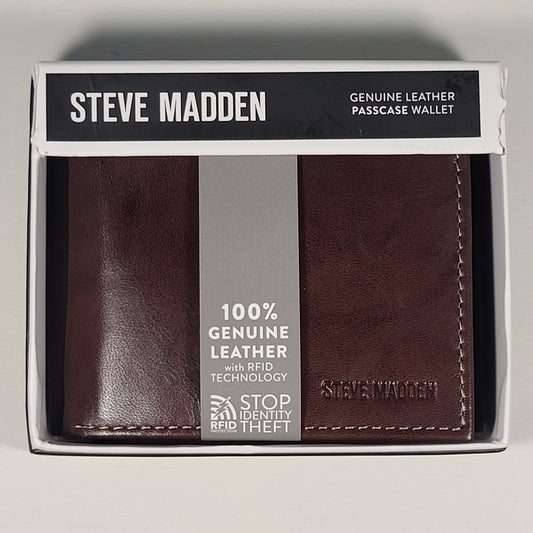 Steve Madden Men’s Bifold Brown Leather Passcase Wallet RFID N80001/01RF - Wallets