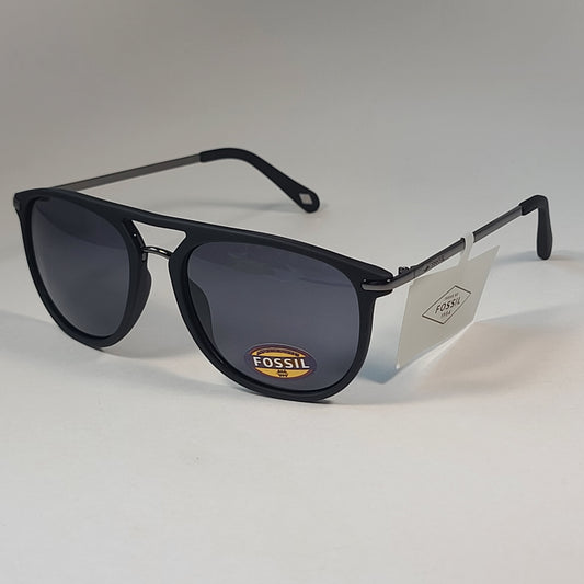Fossil FM141 Pilot Style Sunglasses Matte Black Dark Silver Gunmetal Frame Solid Gray Lens