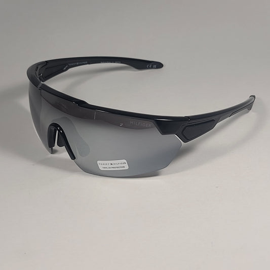 Tommy Hilfiger MP OM647 Shield Sport Sunglasses Shiny Black Silver Mirror 99mm - Sunglasses