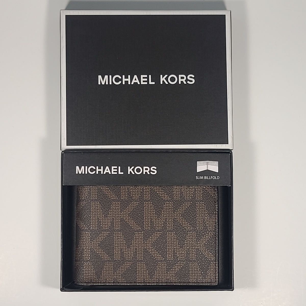 Michael Kors Men's "Jet Set" Bifold Brown Black MK Canvas Slim Wallet 86F5SMNF5B
