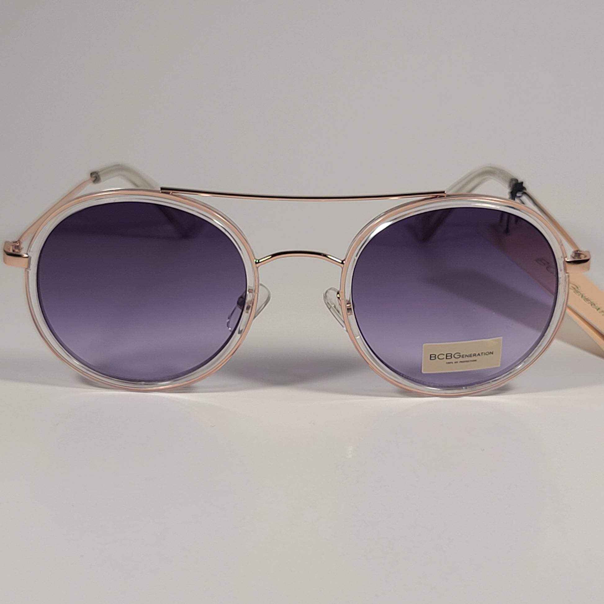 BCBGeneration Round Sunglasses Rose Gold And Clear Frame Purple Gradient Lens BG3042 708 - Sunglasses