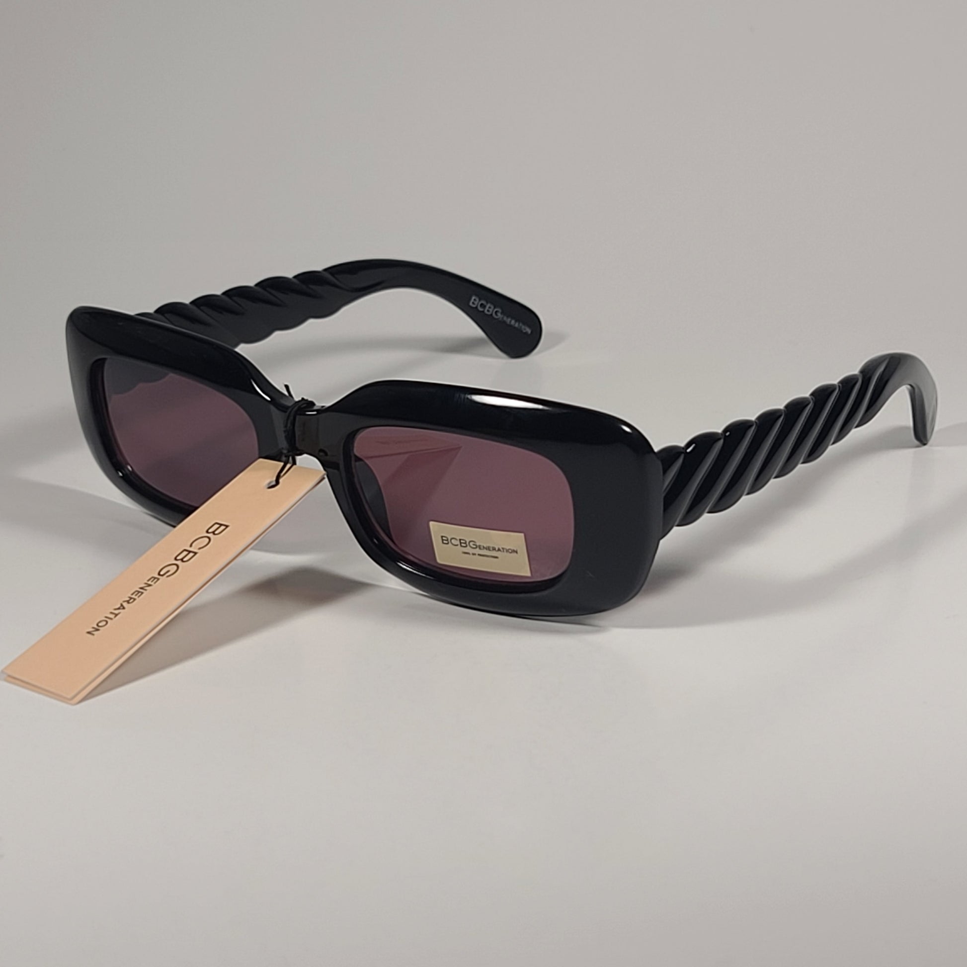 BCBGeneration Rectangle Twist Sunglasses Black Frame Blush Lens BG3074CE 001 - Sunglasses