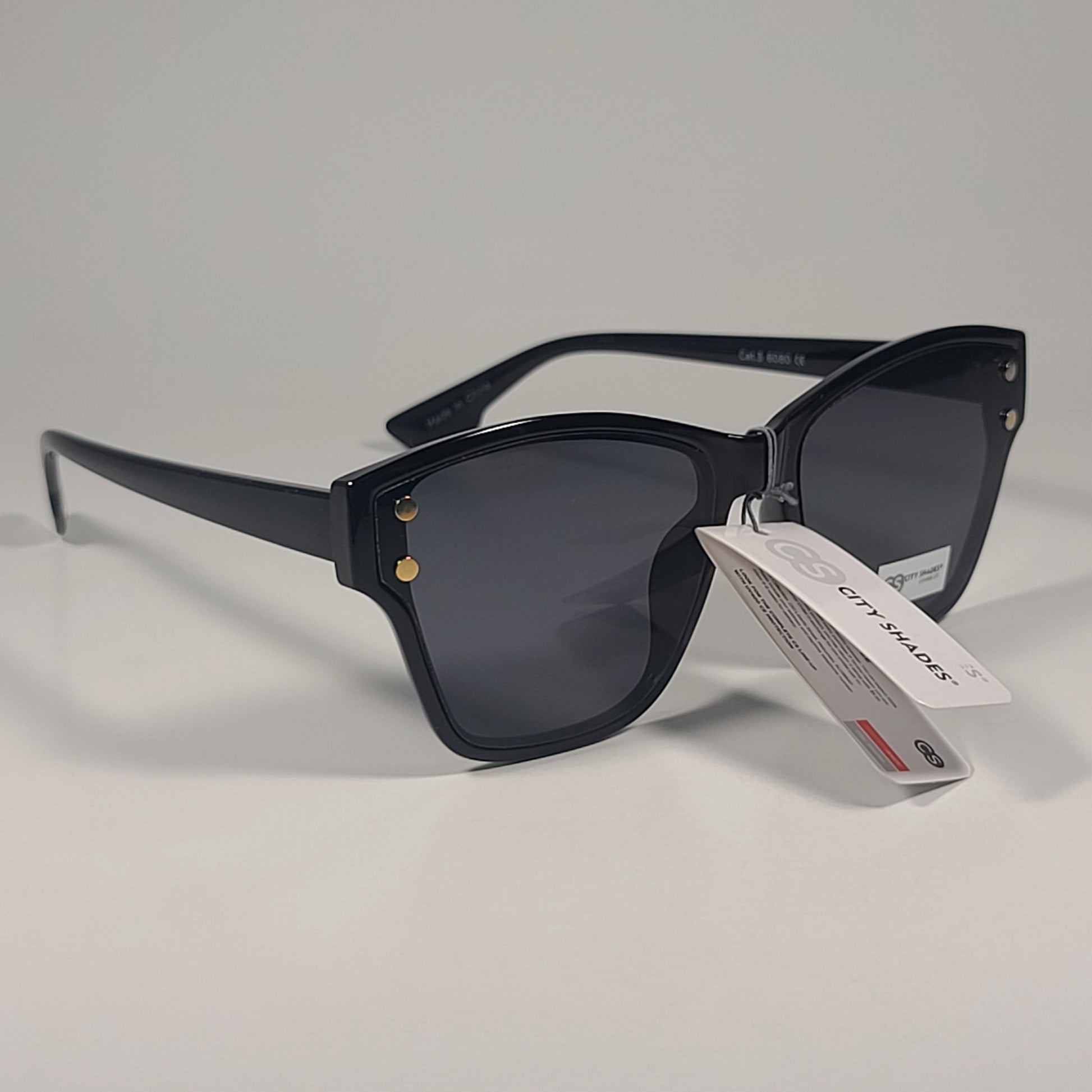 City Shades 6080 Geometric Rivet Sunglasses Shiny Black Frame Gray Tinted Lens - Sunglasses