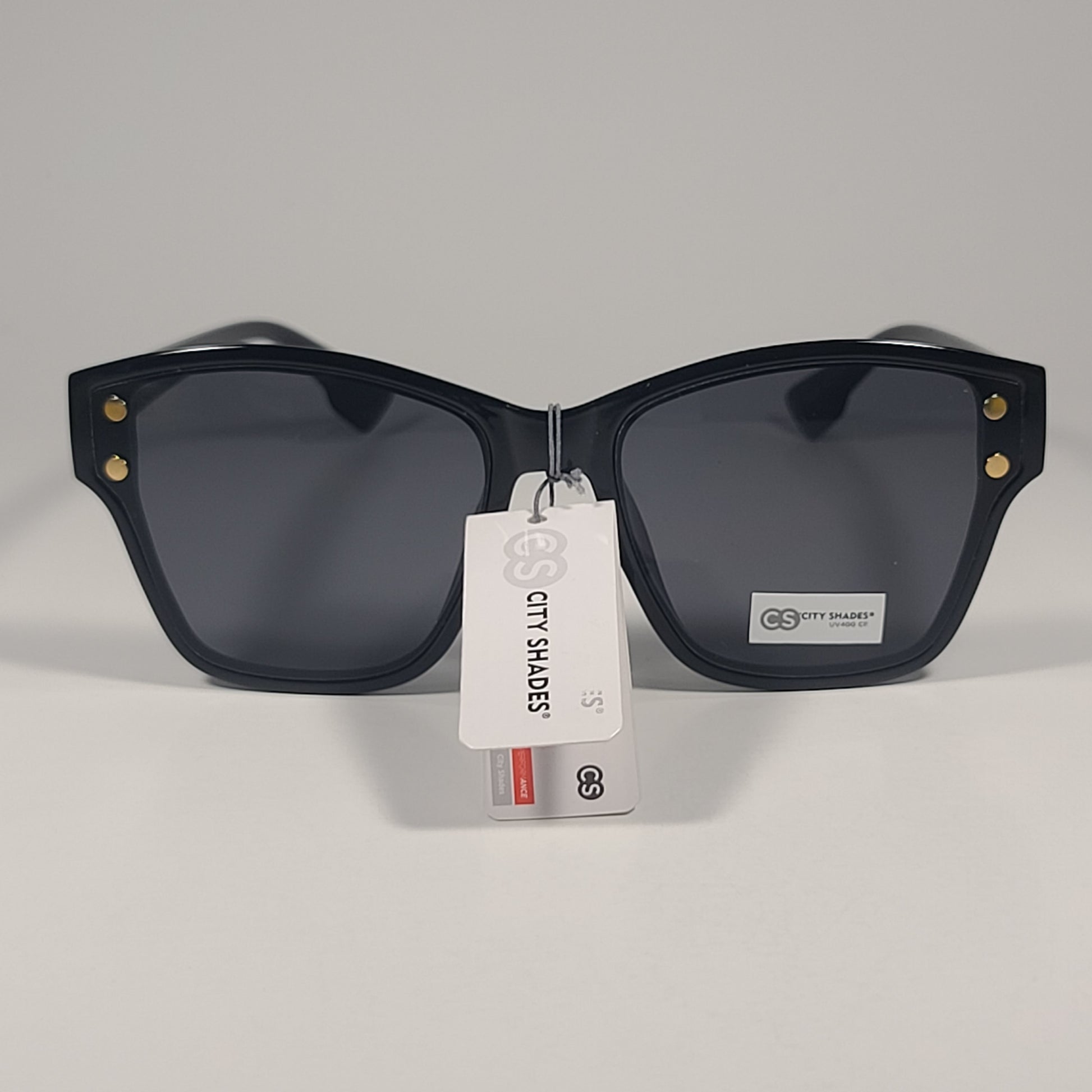City Shades 6080 Geometric Rivet Sunglasses Shiny Black Frame Gray Tinted Lens - Sunglasses