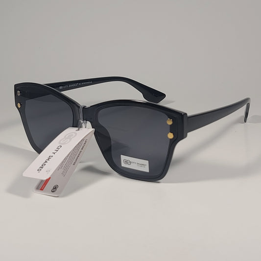 City Shades 6080 Geometric Rivet Sunglasses Shiny Black Frame Gray Tinted Lens - Sunglasses