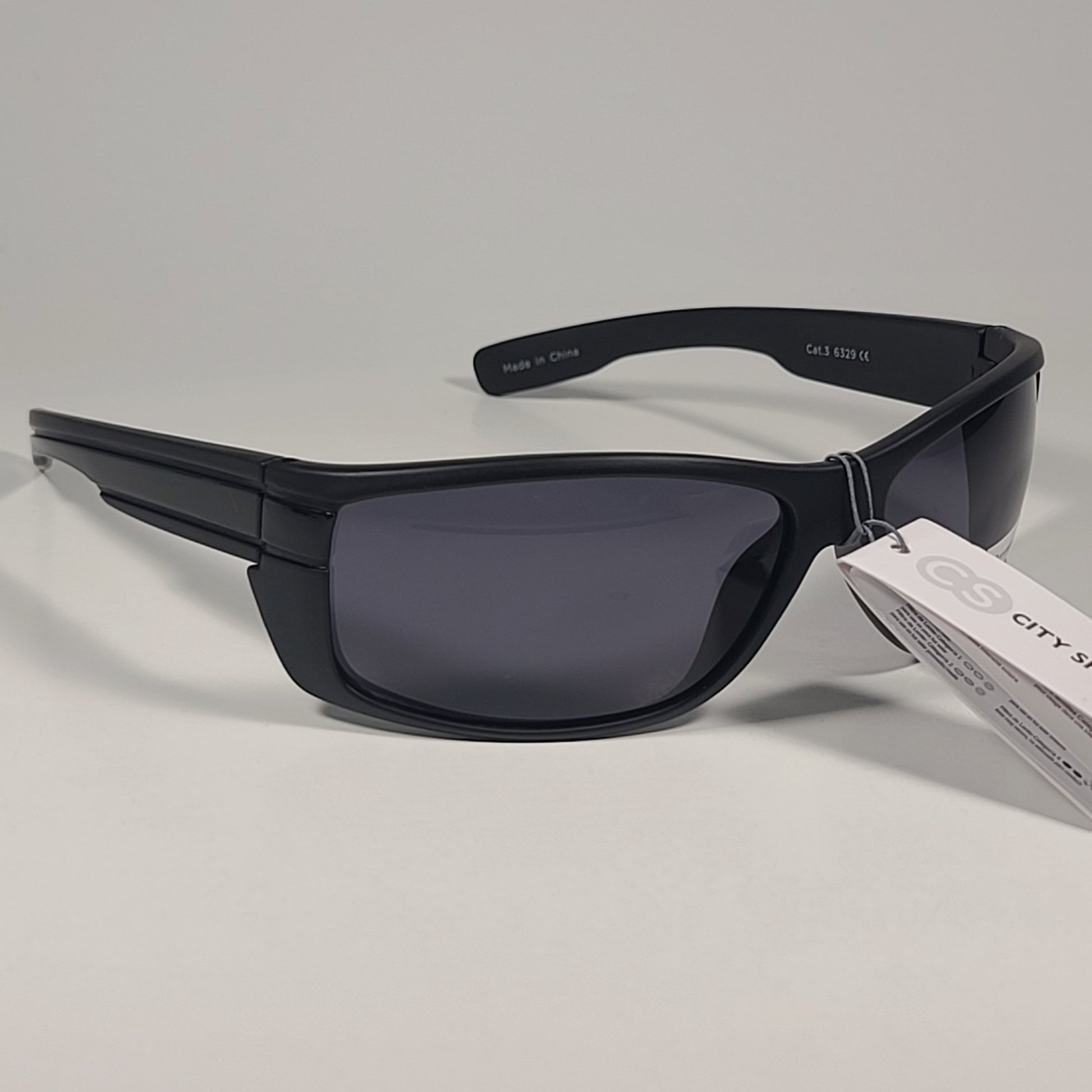 City Shades 6329 Sport Wrap Sunglasses Shiny Black Frame Gray Tinted Lens - Sunglasses