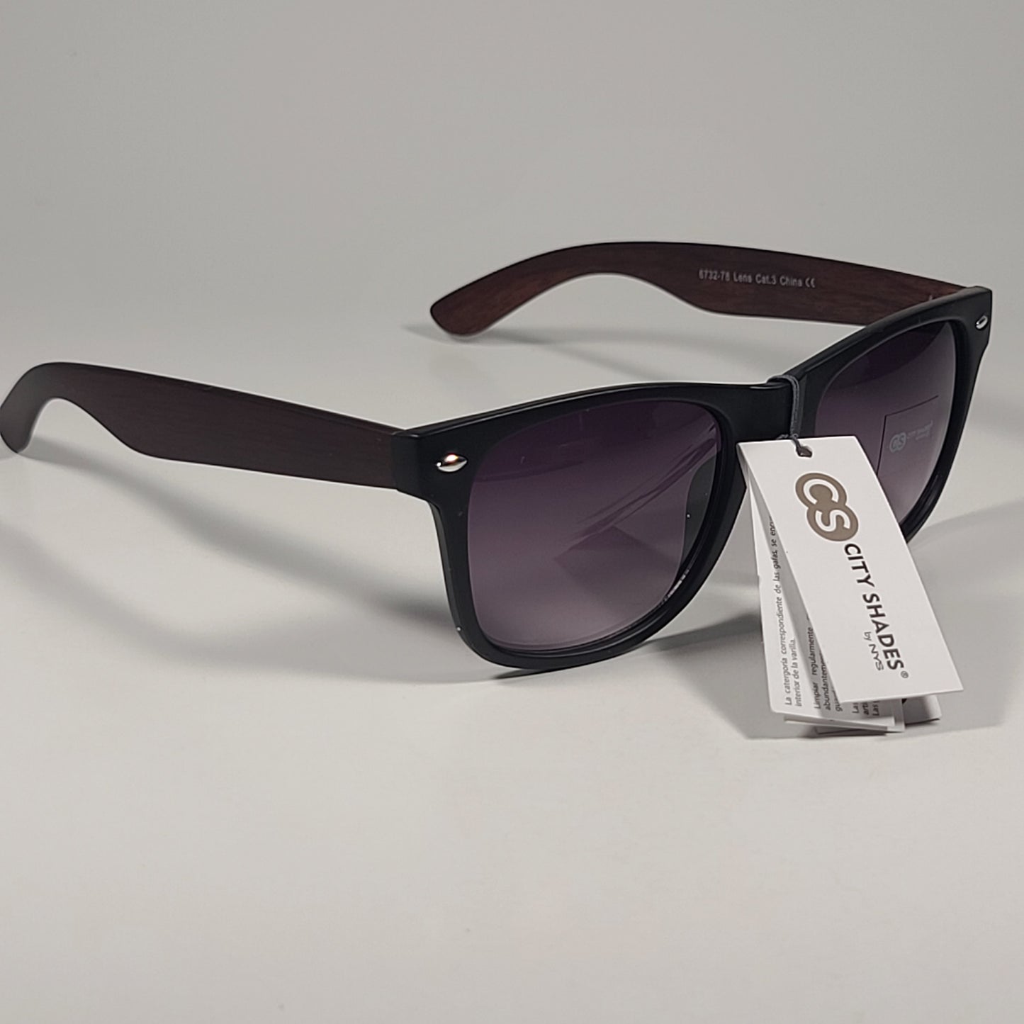 City Shades 6732-78 Square Sunglasses Matte Black & Wood Frame Smoke Gradient Lens - Sunglasses