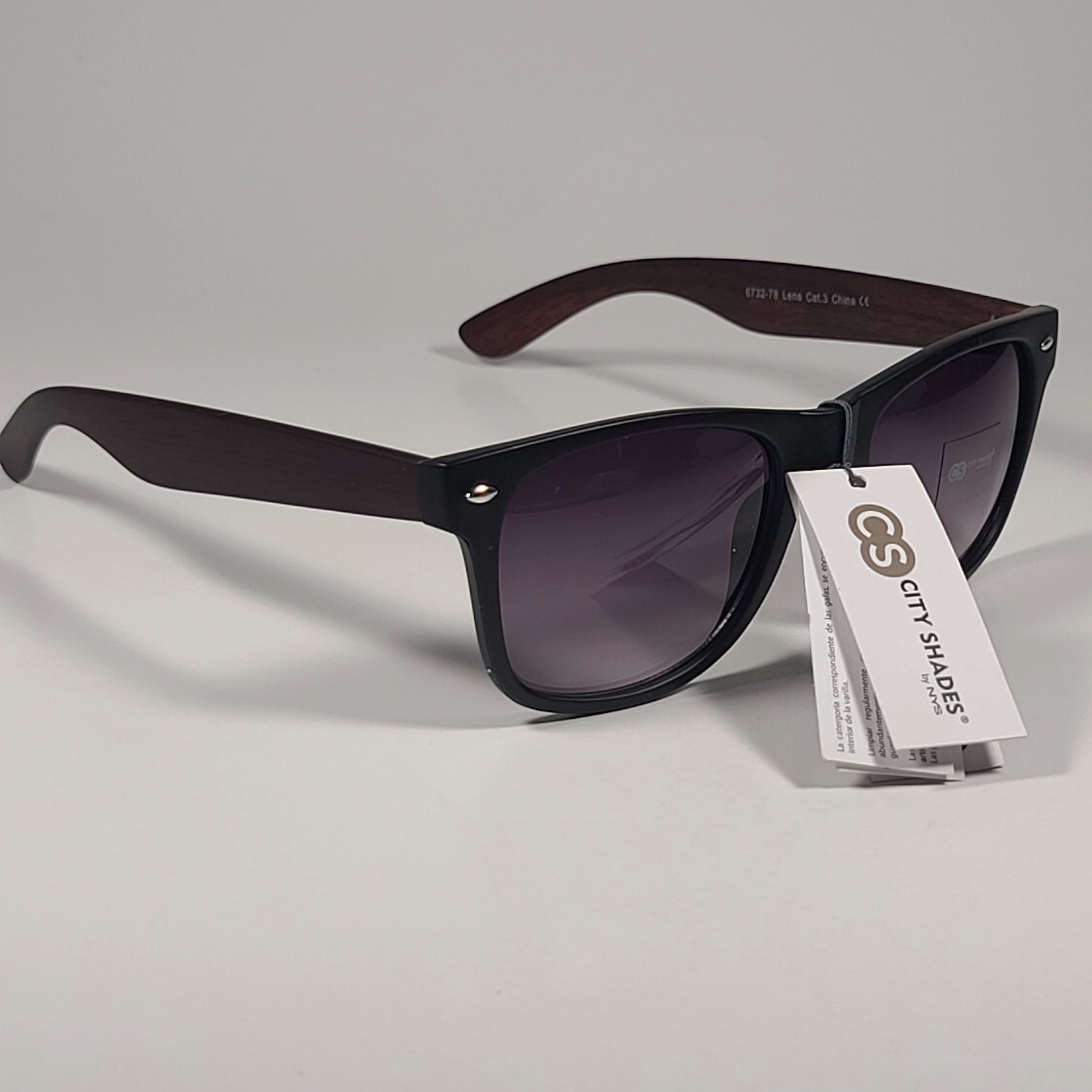 City Shades 6732-78 Square Sunglasses Matte Black & Wood Frame Smoke Gradient Lens - Sunglasses