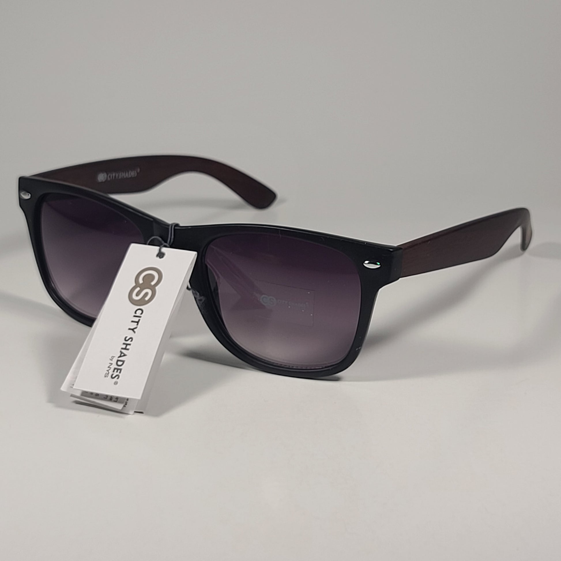 City Shades 6732-78 Square Sunglasses Matte Black & Wood Frame Smoke Gradient Lens - Sunglasses