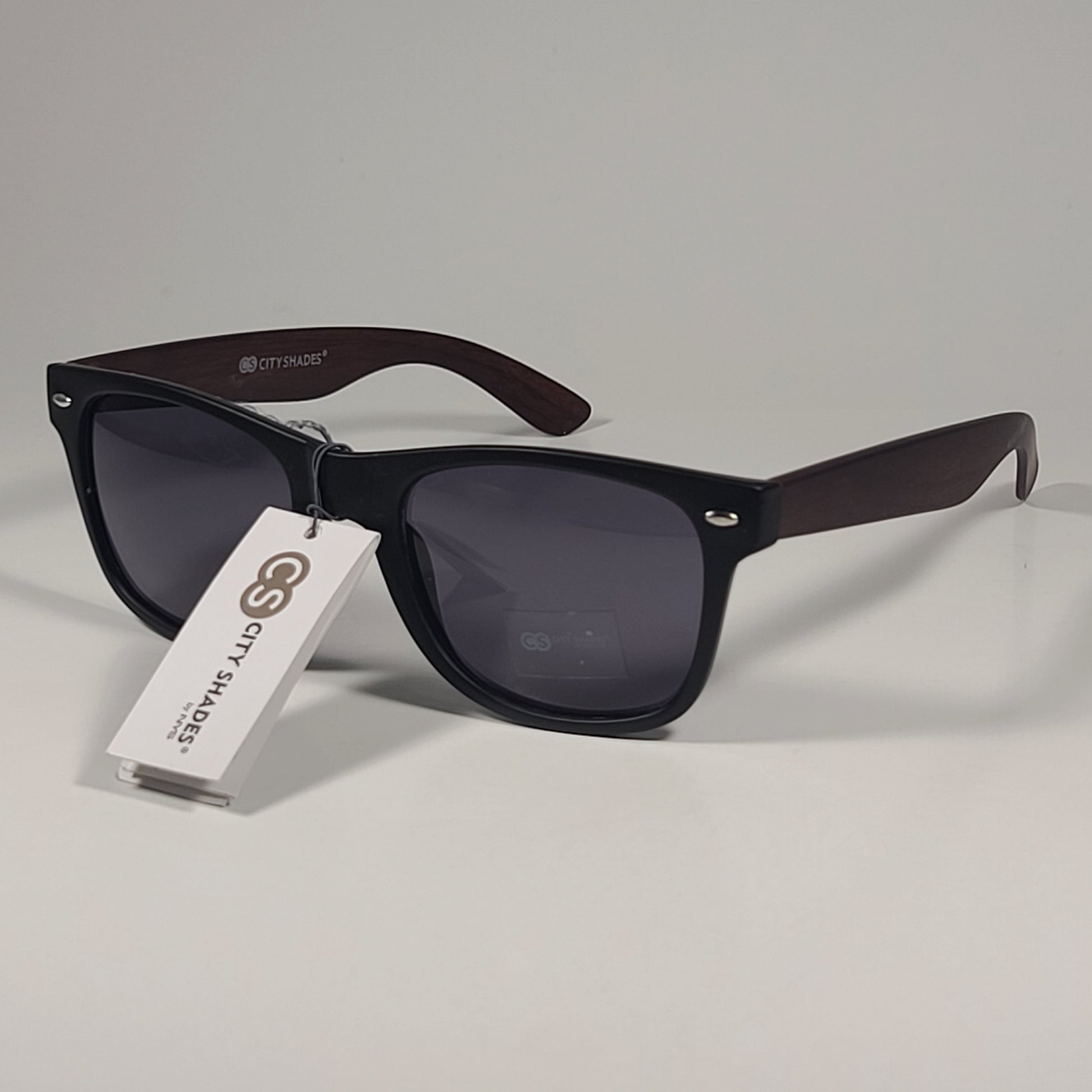 City Shades 6732-78 Square Sunglasses Matte Black Wood Frame Gray Tinted Lens - Sunglasses