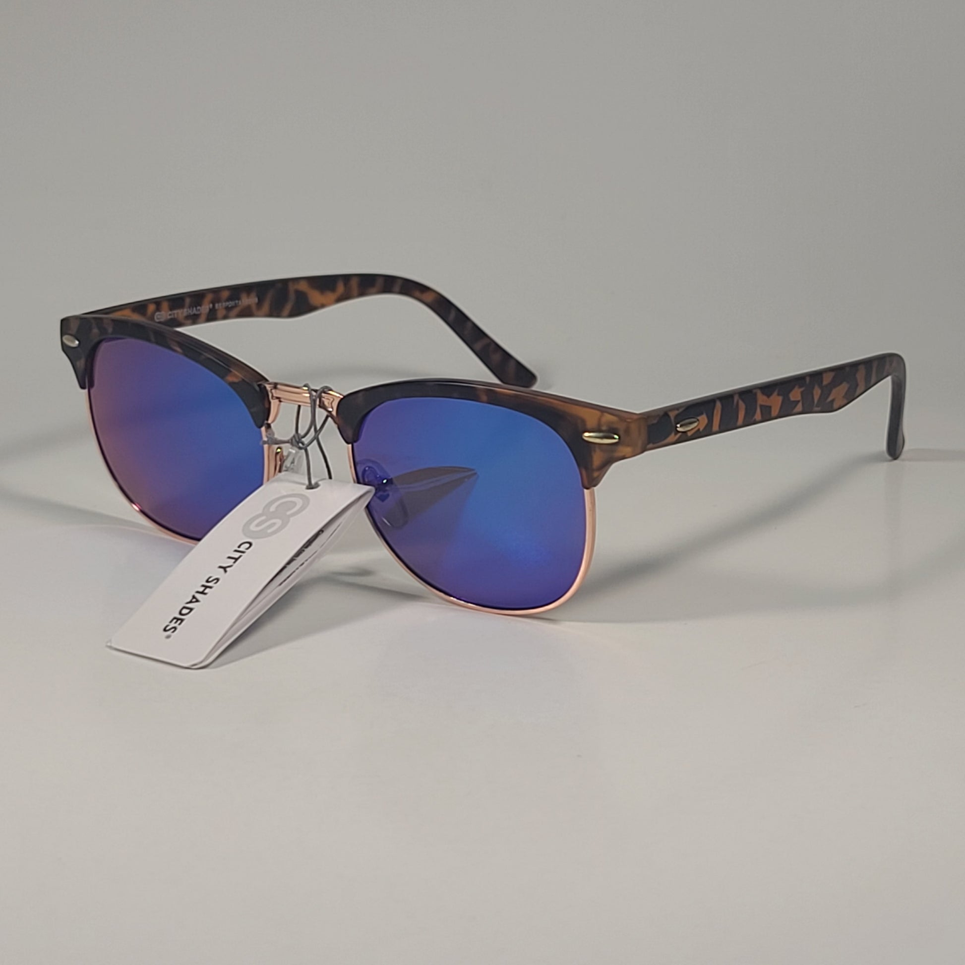 City Shades 6694-22 Club Sunglasses Tortoise Gold Frame Blue Green Mirror Lens - Sunglasses