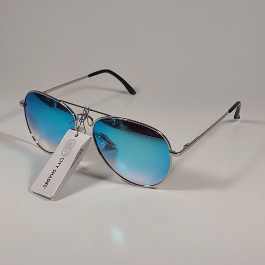 City Shades 6752-72 Pilot Sunglasses Silver Frame Blue Aqua Mirror Lens - Sunglasses