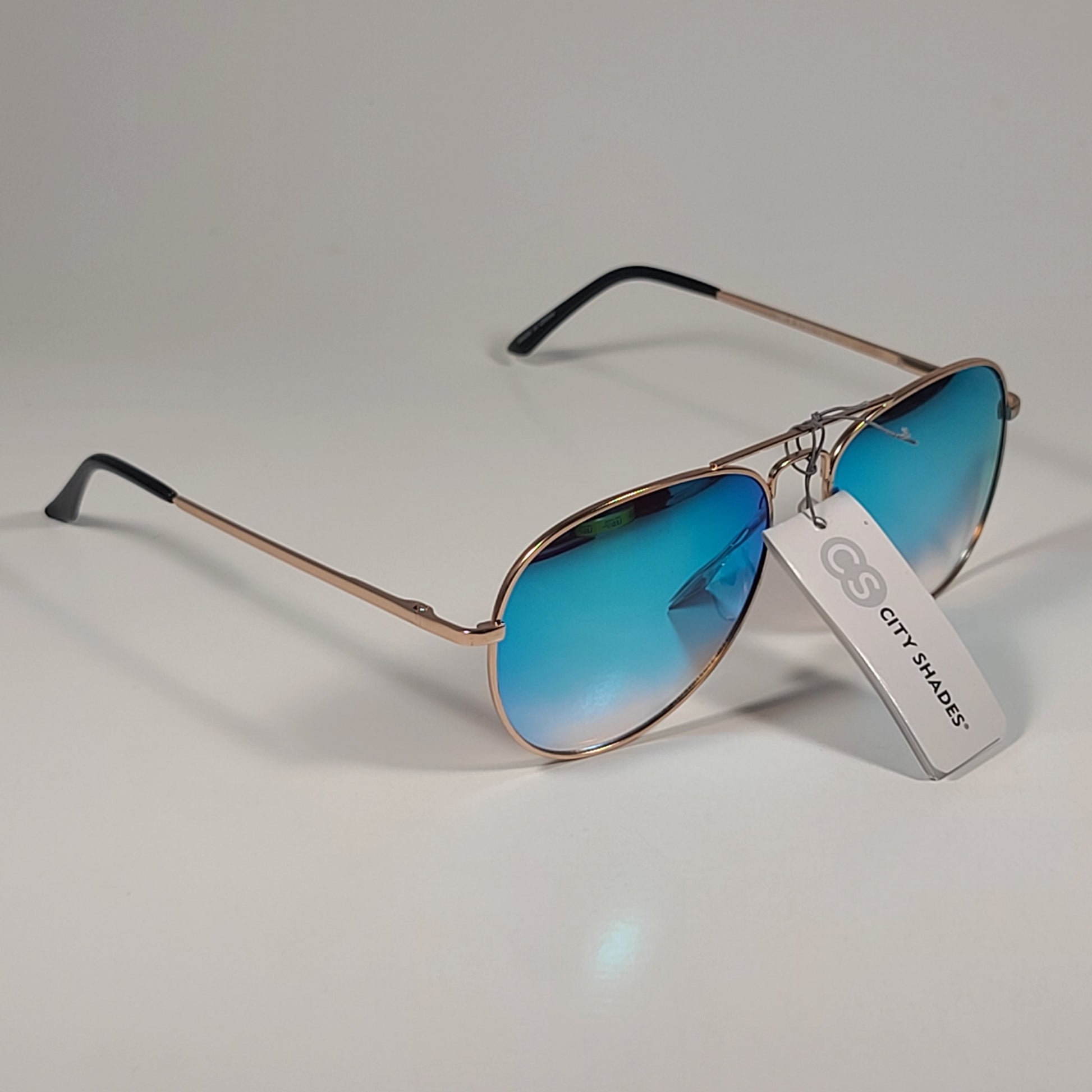 City Shades 6752-72 Pilot Sunglasses Gold Frame Blue Aqua Mirror Lens - Sunglasses