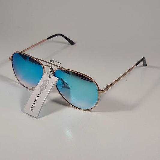 City Shades 6752-72 Pilot Sunglasses Gold Frame Blue Aqua Mirror Lens - Sunglasses