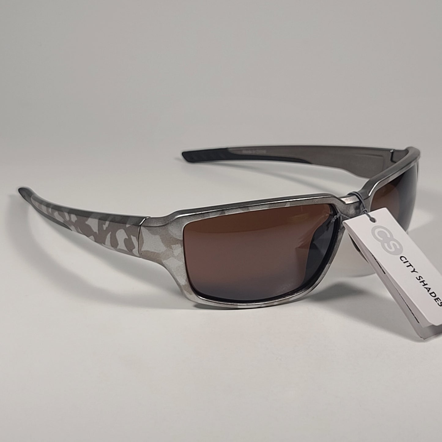 City Shades 6258 Sport Wrap Sunglasses Silver Gray Camo Frame Brown Tinted Lens - Sunglasses