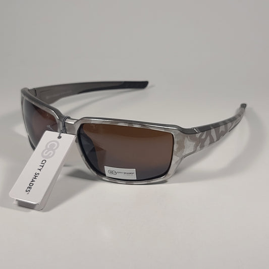 City Shades 6258 Sport Wrap Sunglasses Silver Gray Camo Frame Brown Tinted Lens - Sunglasses