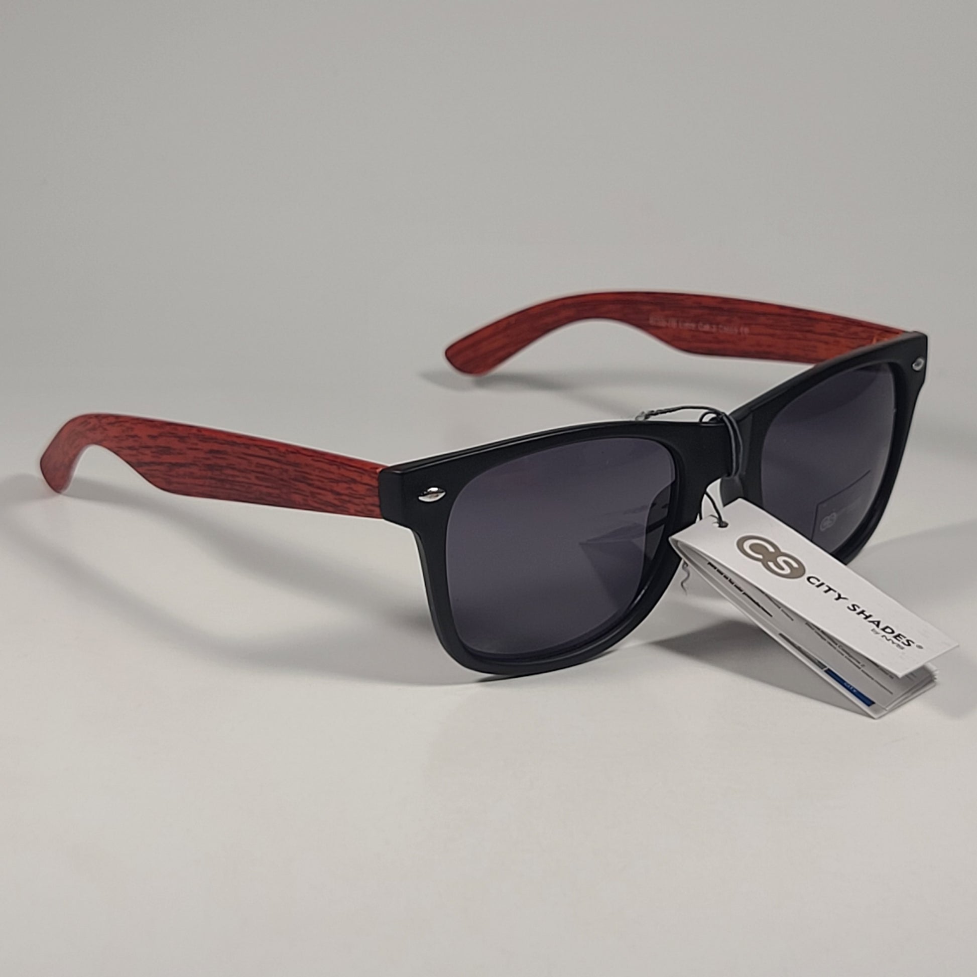 City Shades 6732-78 Square Sunglasses Matte Black Red Wood Frame Gray Tinted - Sunglasses
