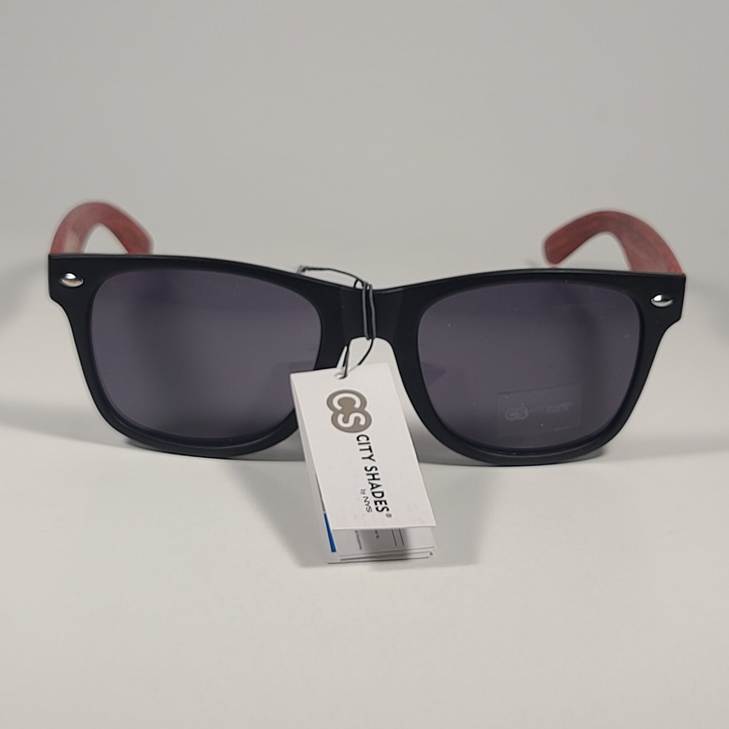 City Shades 6732-78 Square Sunglasses Matte Black Red Wood Frame Gray Tinted - Sunglasses