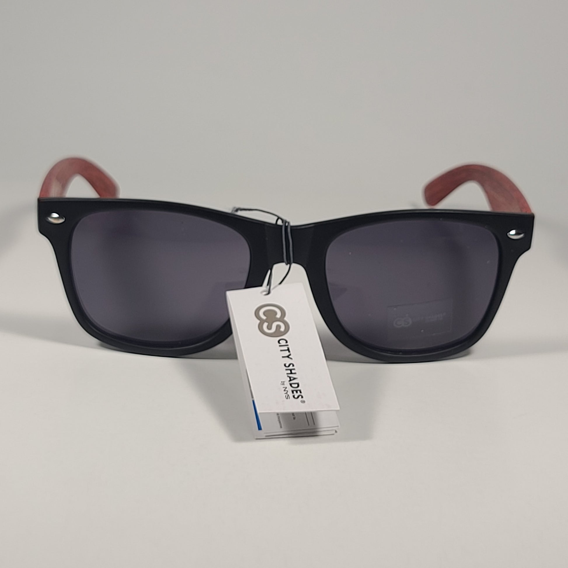 City Shades 6732-78 Square Sunglasses Matte Black Red Wood Frame Gray Tinted - Sunglasses
