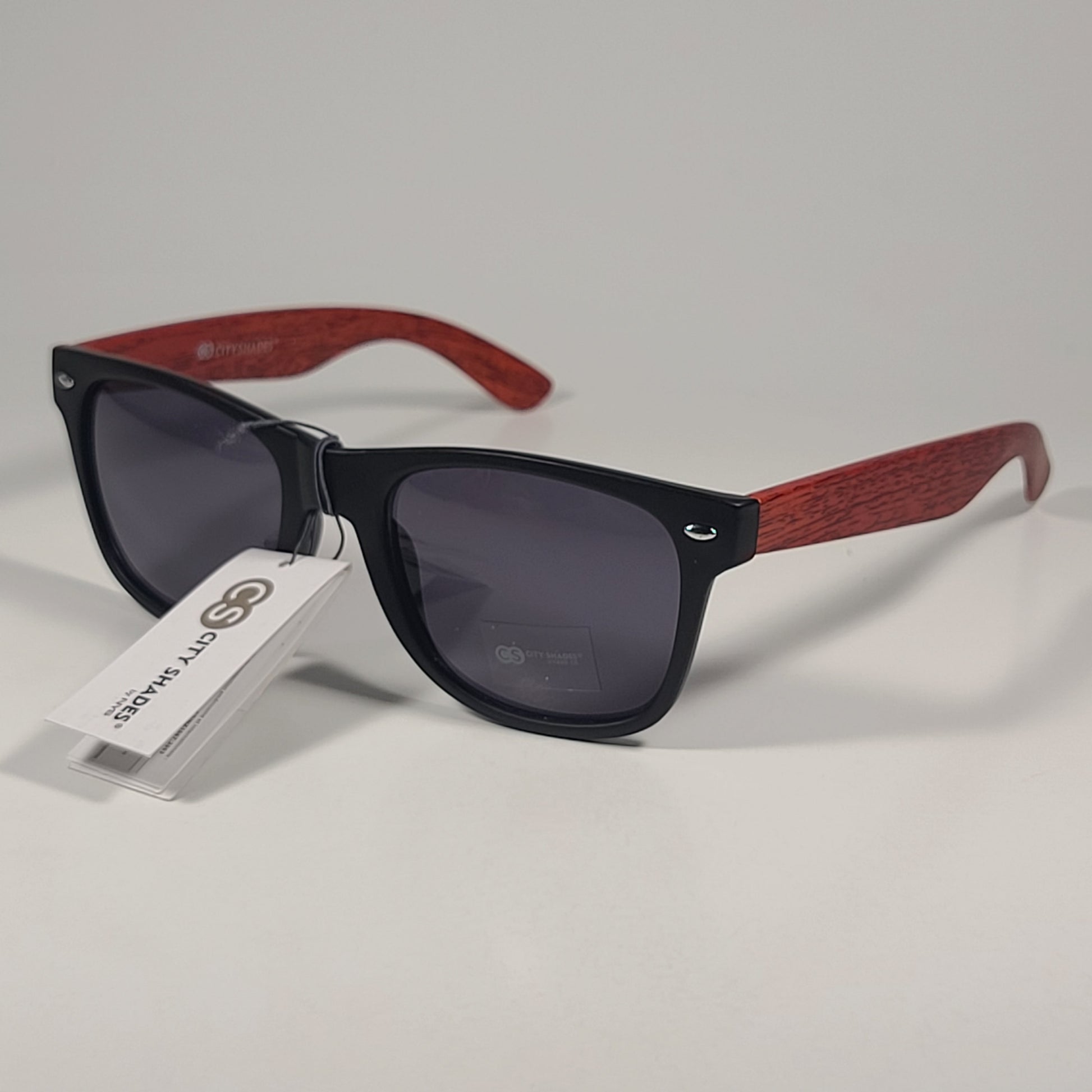 City Shades 6732-78 Square Sunglasses Matte Black Red Wood Frame Gray Tinted - Sunglasses