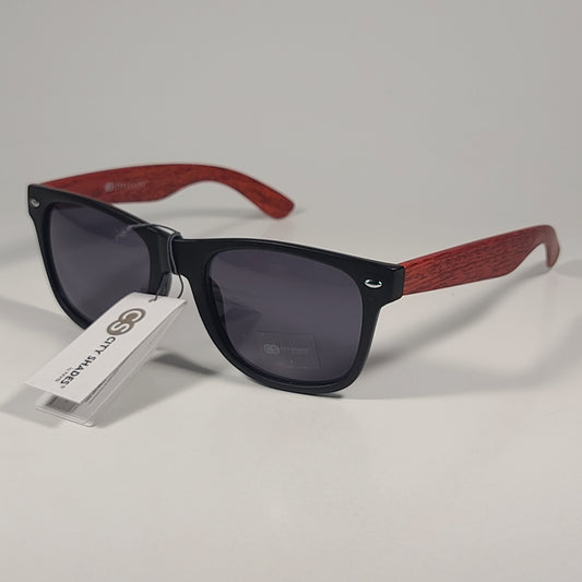 City Shades 6732-78 Square Sunglasses Matte Black Red Wood Frame Gray Tinted - Sunglasses