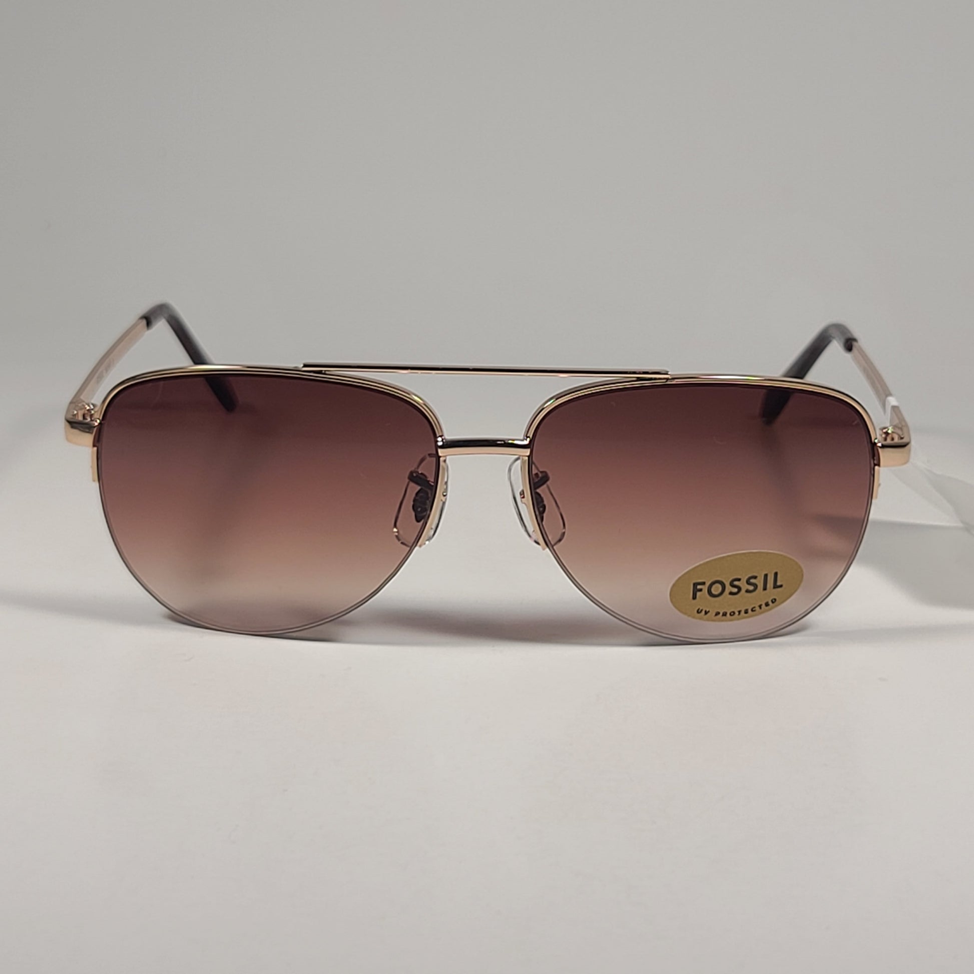 Fossil FW5 Aviator Sunglasses Semi Rim Metal Gold Tone Metal and Brown Tortoise Frame Brown Gradient Lens - Sunglasses