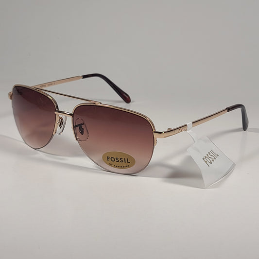 Fossil FW5 Aviator Sunglasses Semi Rim Metal Gold Tone Metal and Brown Tortoise Frame Brown Gradient Lens - Sunglasses