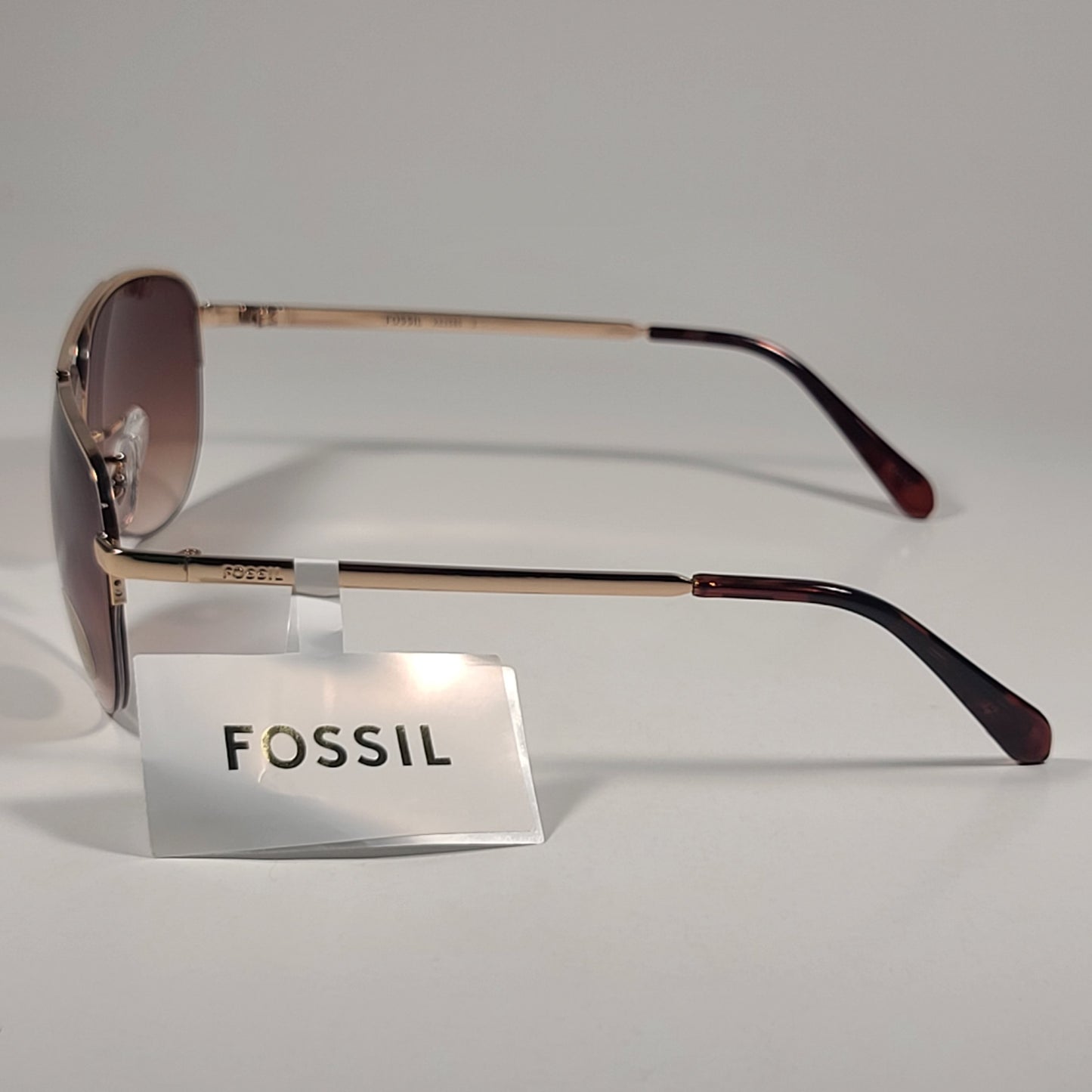 Fossil FW5 Aviator Sunglasses Semi Rim Metal Gold Tone Metal and Brown Tortoise Frame Brown Gradient Lens - Sunglasses