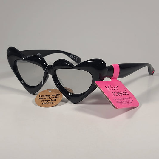 Betsey Johnson Heart Shape Sunglasses Shiny Black Silver Mirror Lens BJ 24 203 - Sunglasses