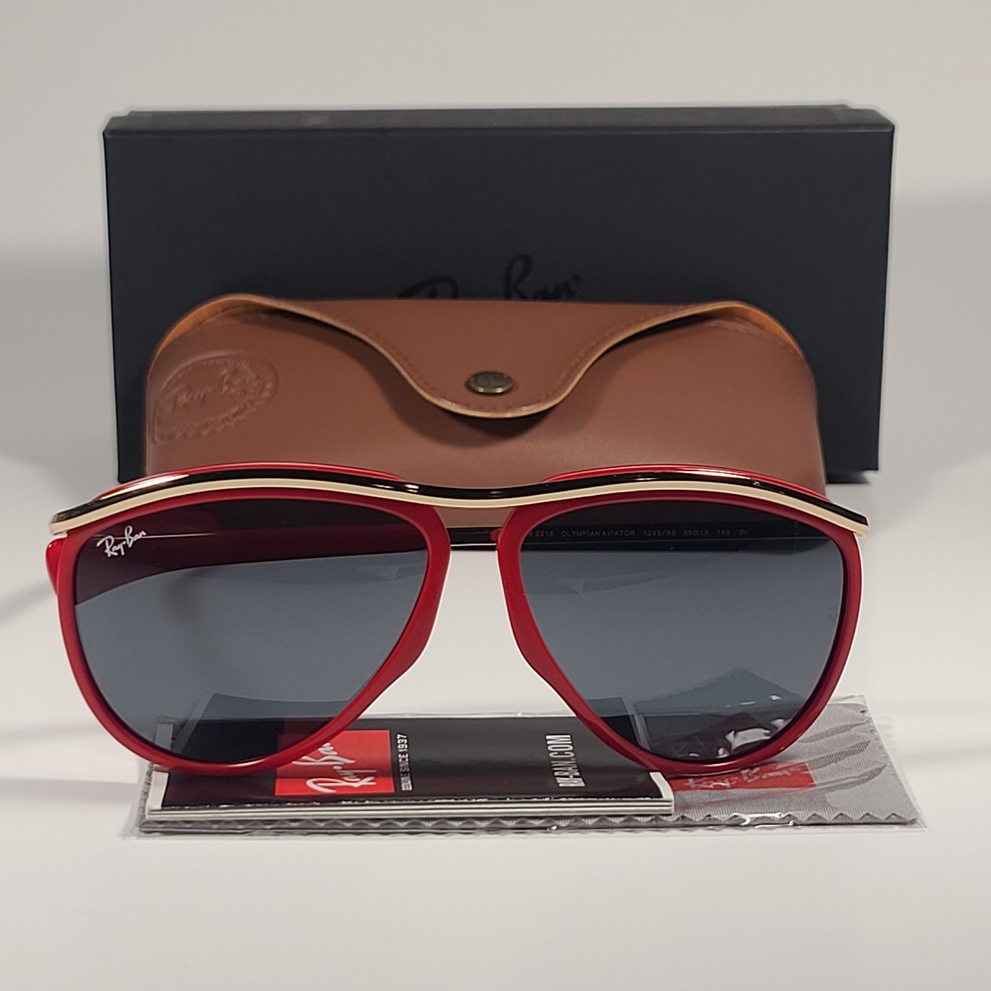 Ray-Ban RB2219 1243/R5 Olympian Aviator Sunglasses Red Gold Frame Blue Gray Lens - Sunglasses