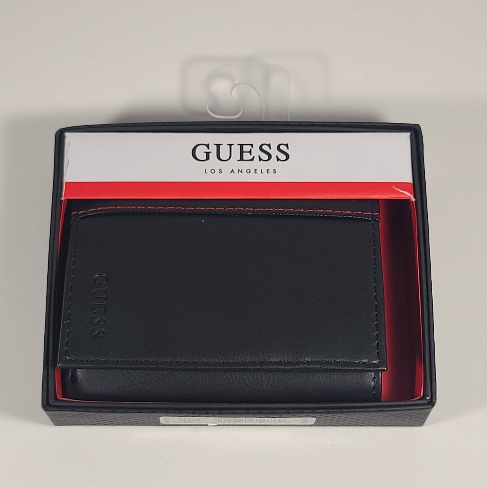 Guess Los Angeles Men’s Trifold Wallet Faux Black Red Stitching 31GO110038 - Wallets