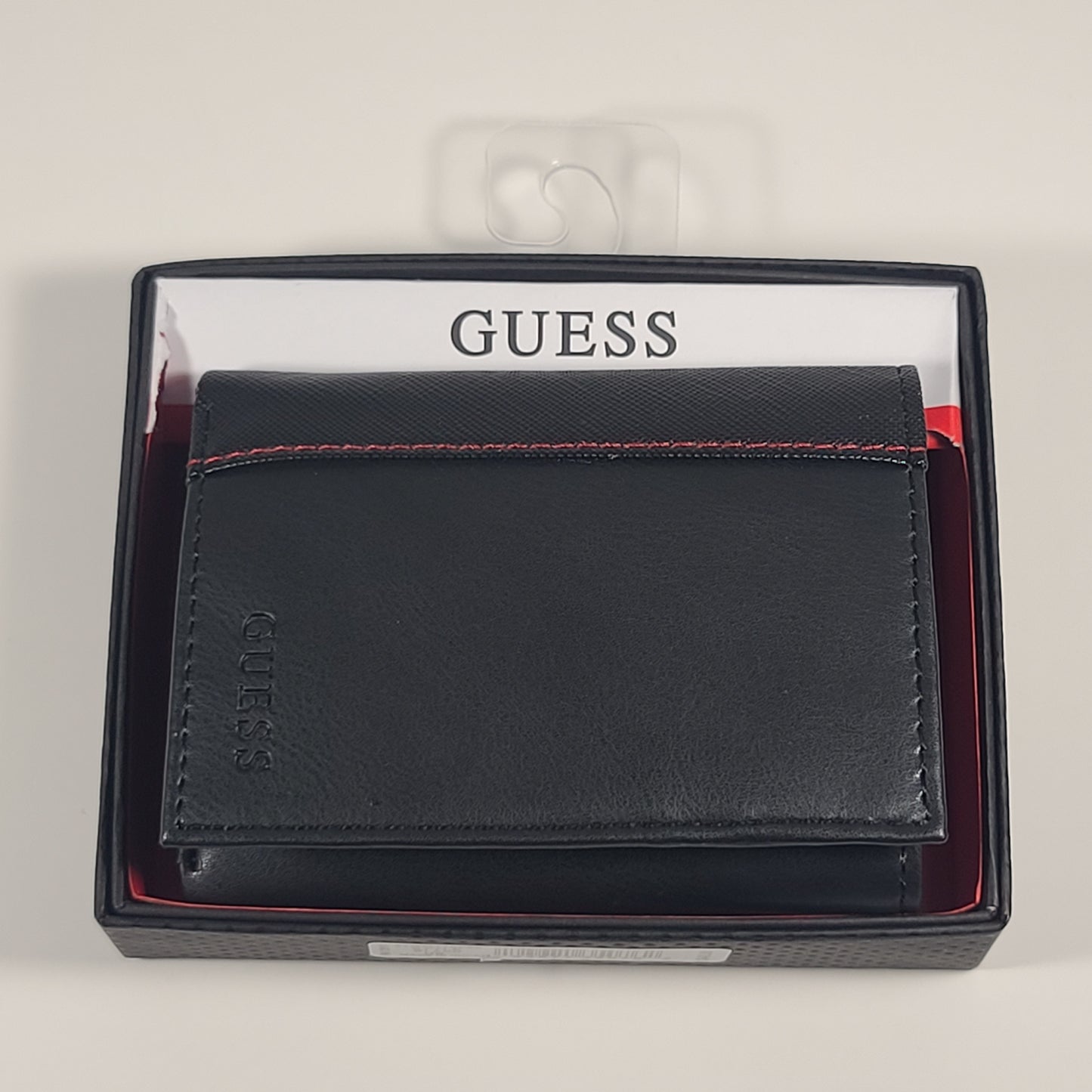 Guess Los Angeles Men’s Trifold Wallet Faux Black Red Stitching 31GO110038 - Wallets