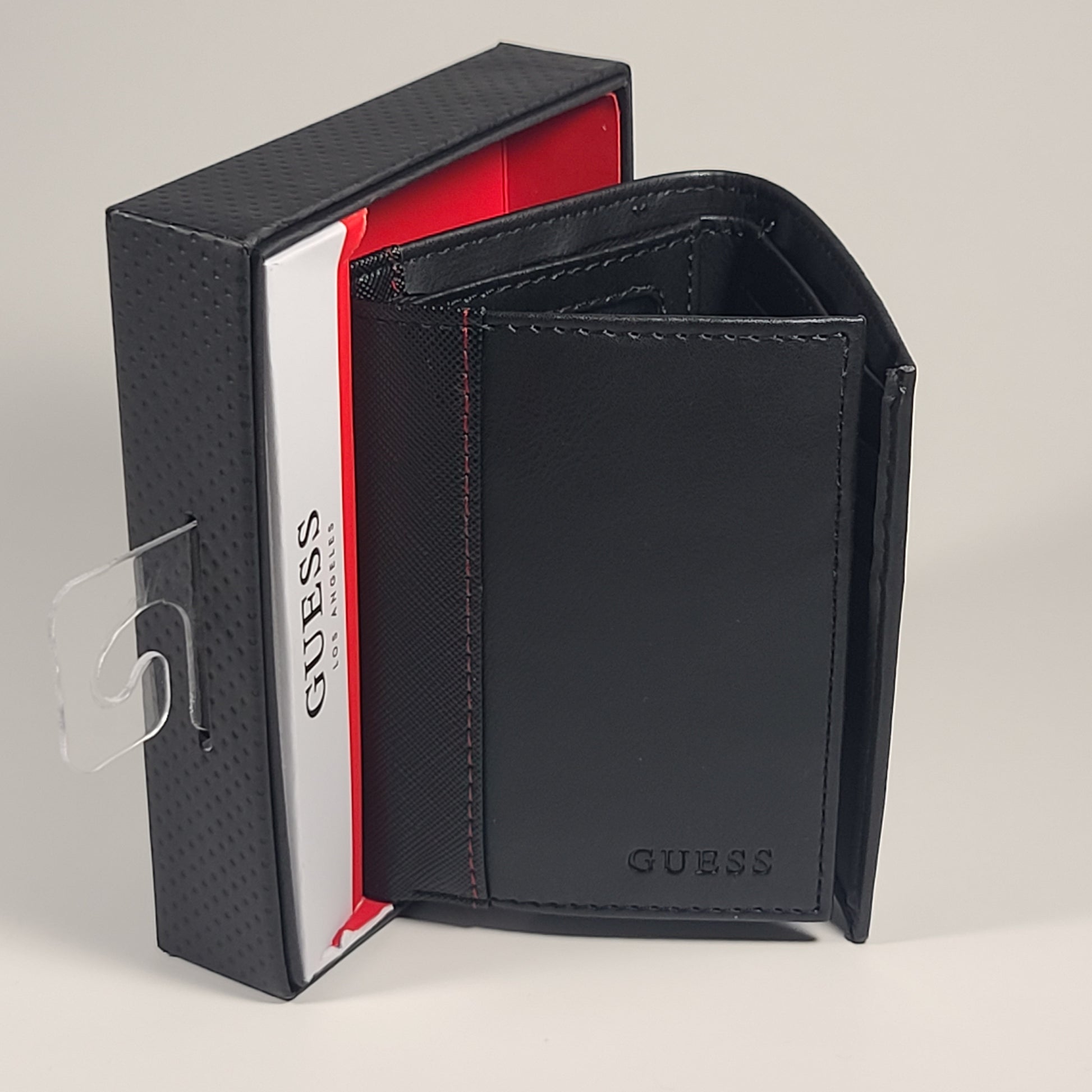 Guess Los Angeles Men’s Trifold Wallet Faux Black Red Stitching 31GO110038 - Wallets
