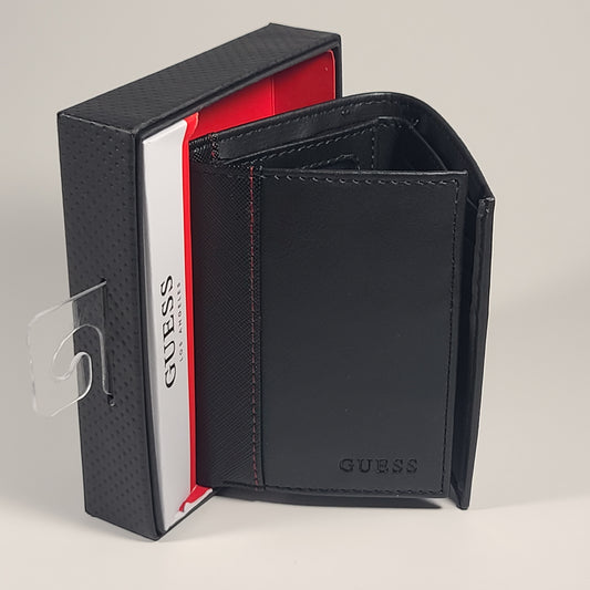 Guess Los Angeles Men’s Trifold Wallet Faux Black Red Stitching 31GO110038 - Wallets