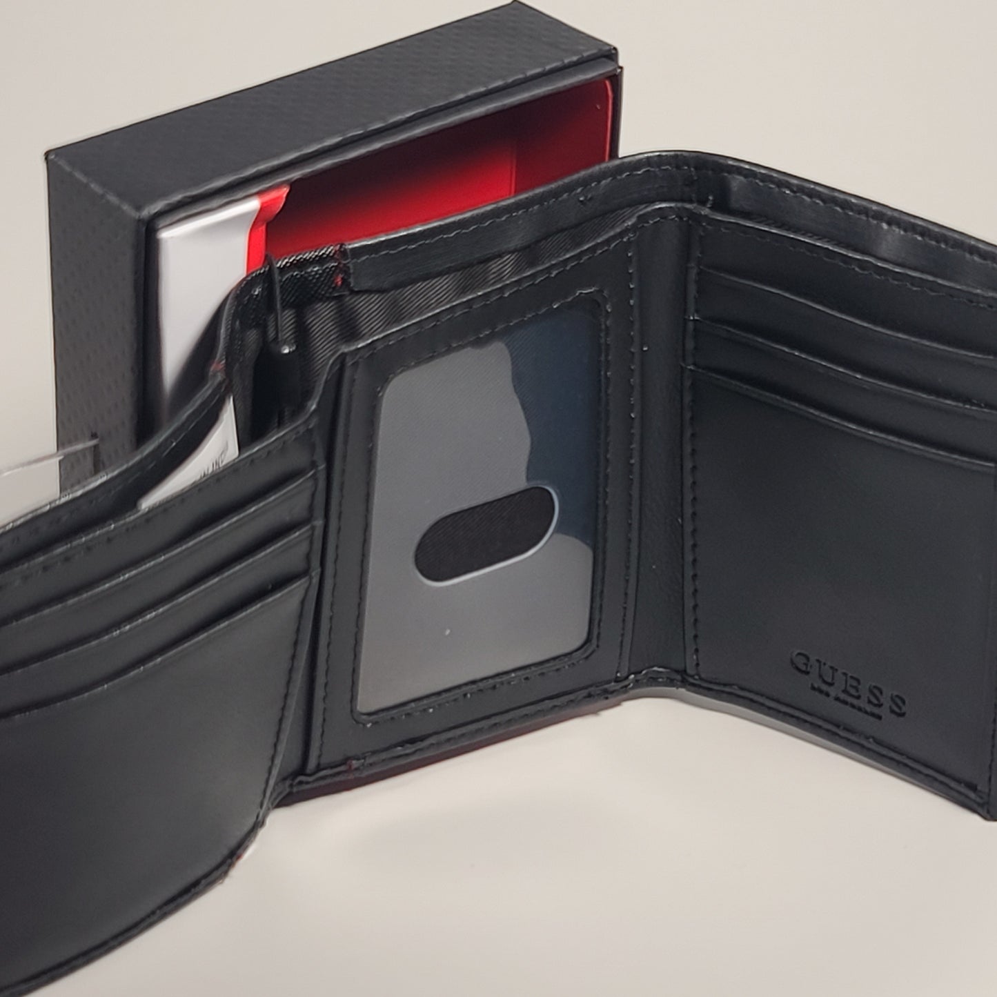 Guess Los Angeles Men’s Trifold Wallet Faux Black Red Stitching 31GO110038 - Wallets