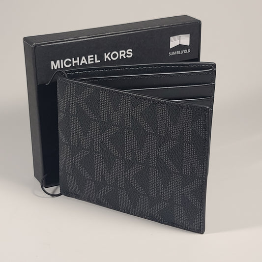 Michael Kors Men’s ’Jet Set’ Bifold Black Noir MK Canvas Slim Wallet 86F5SMNF5B - Wallets