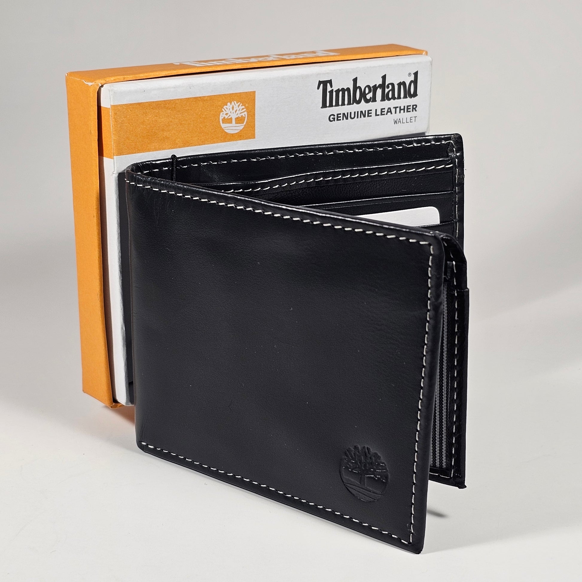 Timberland Men’s Bifold Black Stitched Genuine Leather Passcase Wallet D01387/08 - Wallets