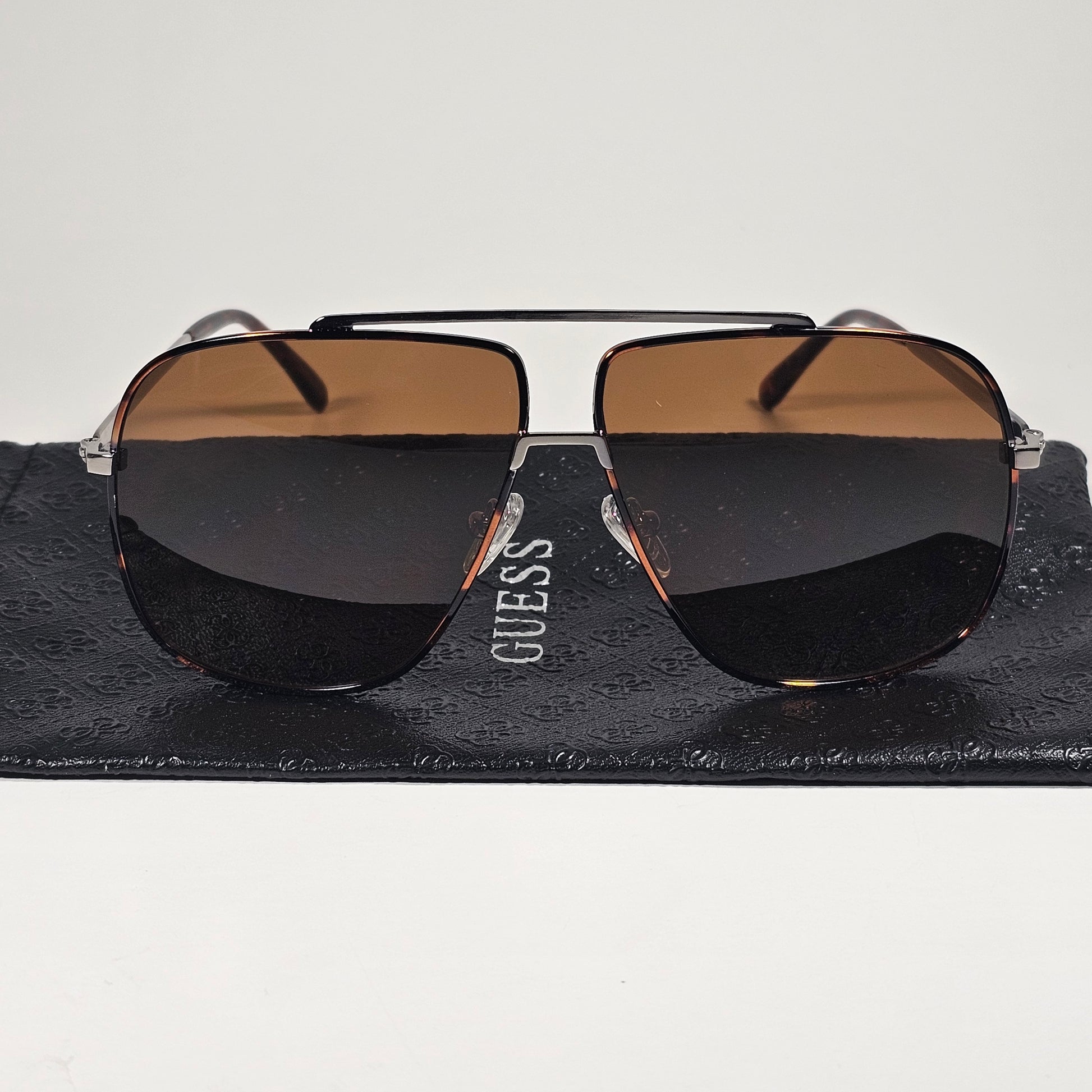 Guess GF0239 14E Pilot Sunglasses Gunmetal Gray Ruthenium Frame Brown Lens 61mm - Sunglasses