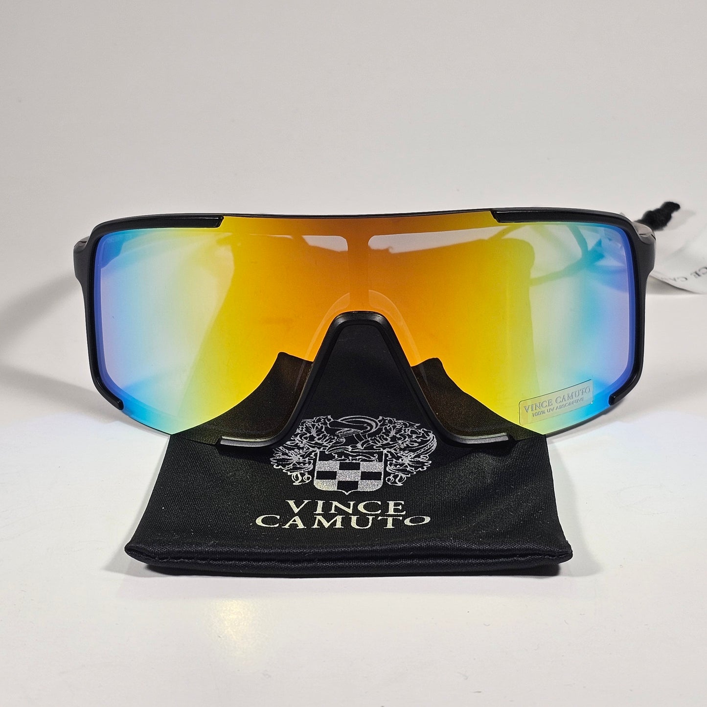 Vince Camuto VM706 OXYW Shield Sunglasses Black Yellow Frame Blue Orange Yellow Mirror Lens - Sunglasses