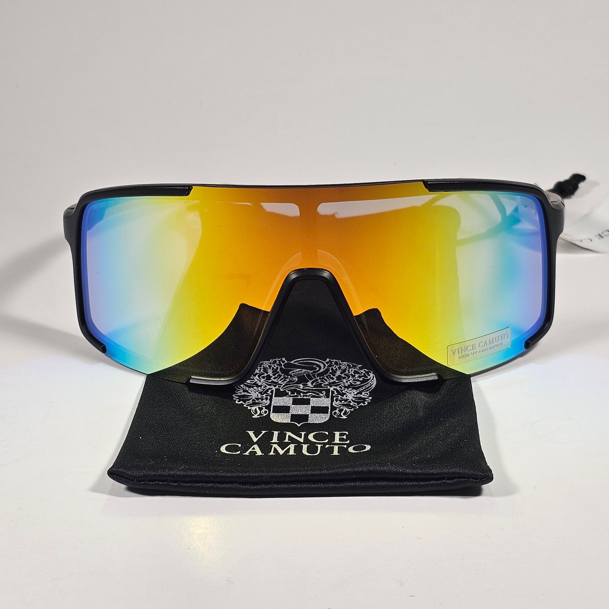 Vince Camuto VM706 OXYW Shield Sunglasses Black Yellow Frame Blue Orange Yellow Mirror Lens - Sunglasses