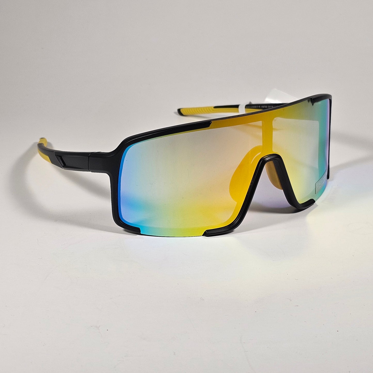 Vince Camuto VM706 OXYW Shield Sunglasses Black Yellow Frame Blue Orange Yellow Mirror Lens - Sunglasses
