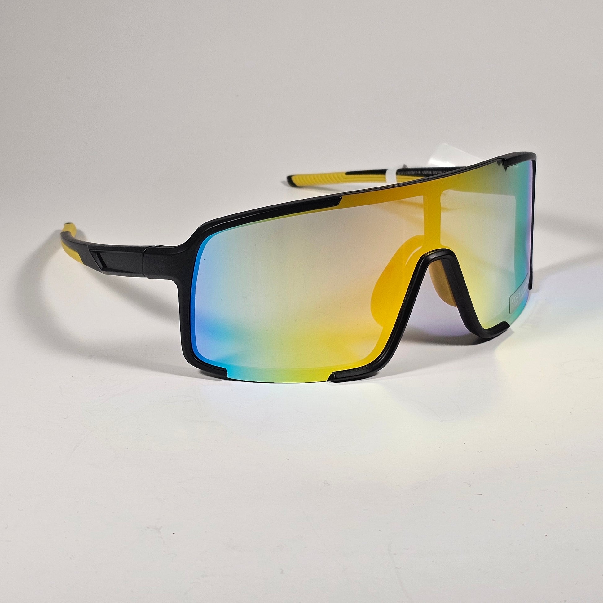 Vince Camuto VM706 OXYW Shield Sunglasses Black Yellow Frame Blue Orange Yellow Mirror Lens - Sunglasses