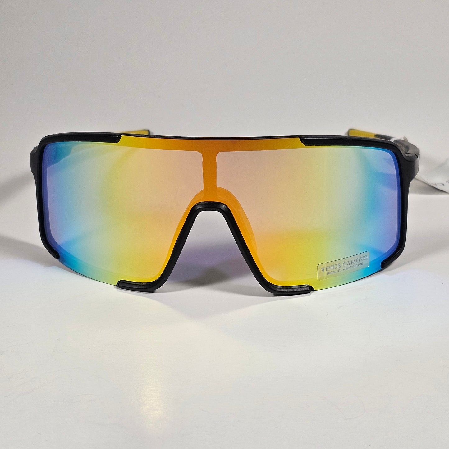 Vince Camuto VM706 OXYW Shield Sunglasses Black Yellow Frame Blue Orange Yellow Mirror Lens - Sunglasses