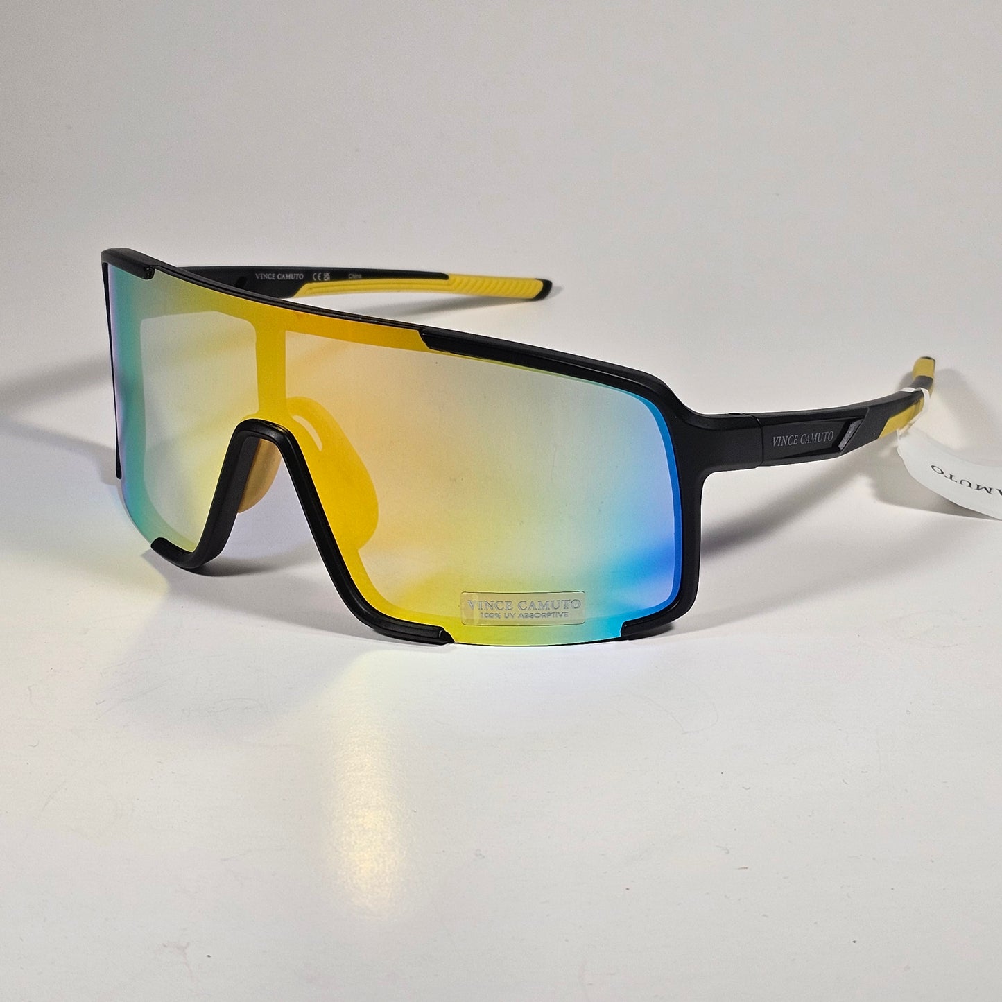 Vince Camuto VM706 OXYW Shield Sunglasses Black Yellow Frame Blue Orange Yellow Mirror Lens - Sunglasses