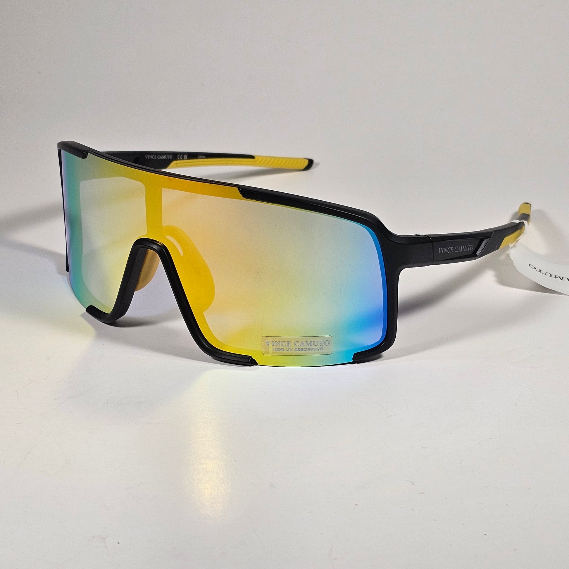 Vince Camuto VM706 OXYW Shield Sunglasses Black Yellow Frame Blue Orange Yellow Mirror Lens - Sunglasses