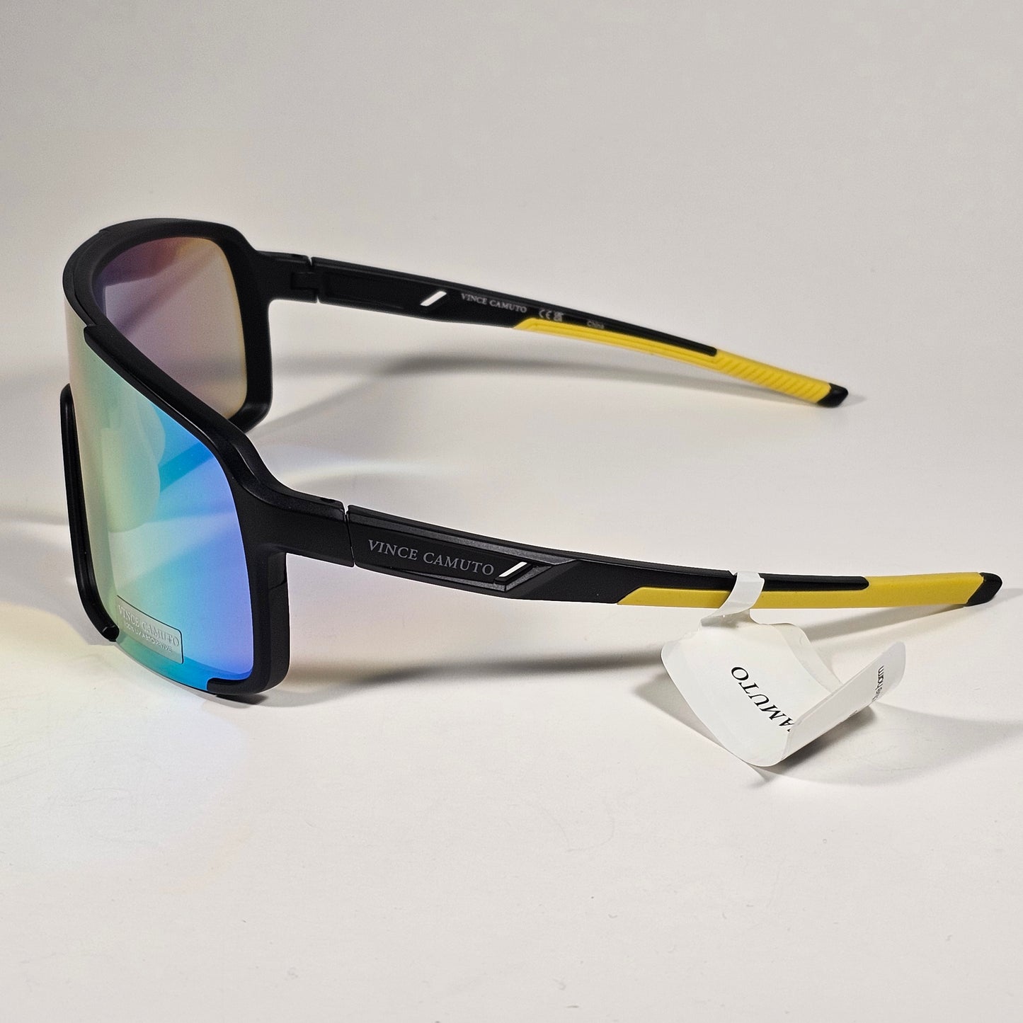 Vince Camuto VM706 OXYW Shield Sunglasses Black Yellow Frame Blue Orange Yellow Mirror Lens - Sunglasses