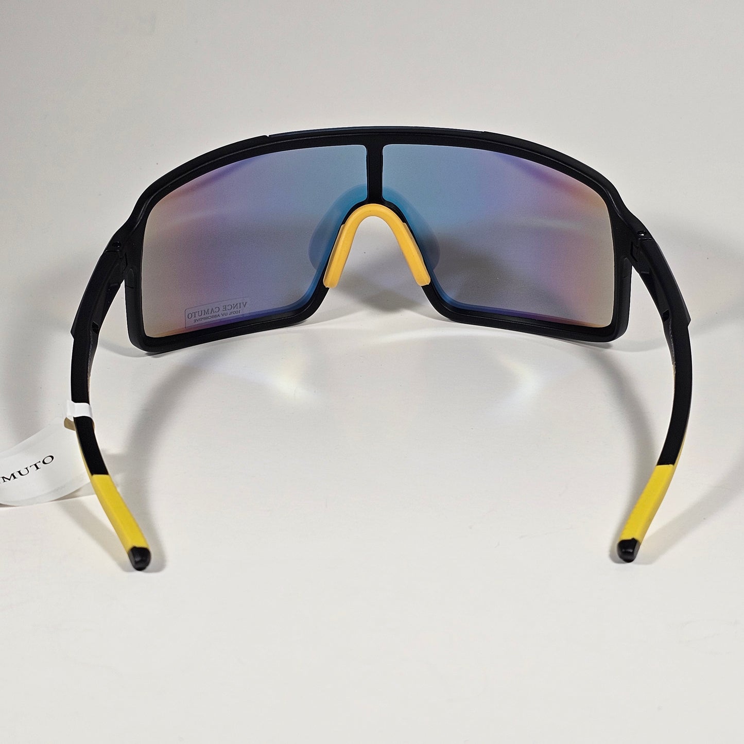 Vince Camuto VM706 OXYW Shield Sunglasses Black Yellow Frame Blue Orange Yellow Mirror Lens - Sunglasses